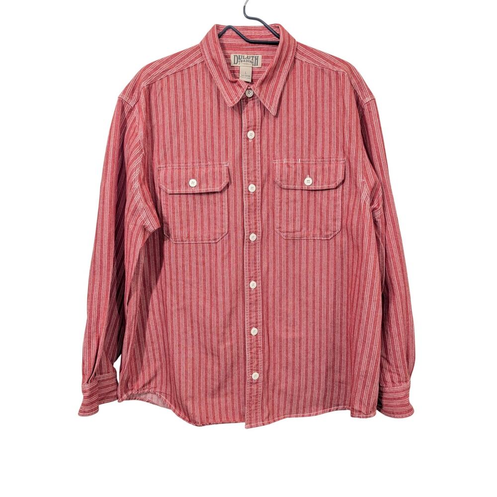 Duluth Trading Co Mens Large Red White Stripe Button Long Sleeve Utility Shirt